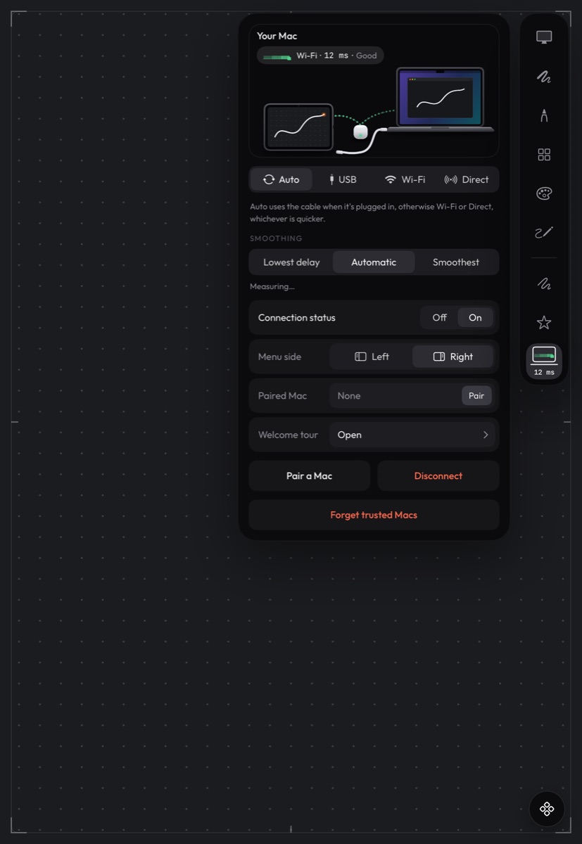 The Mac panel on iPad with connection and Smoothing options