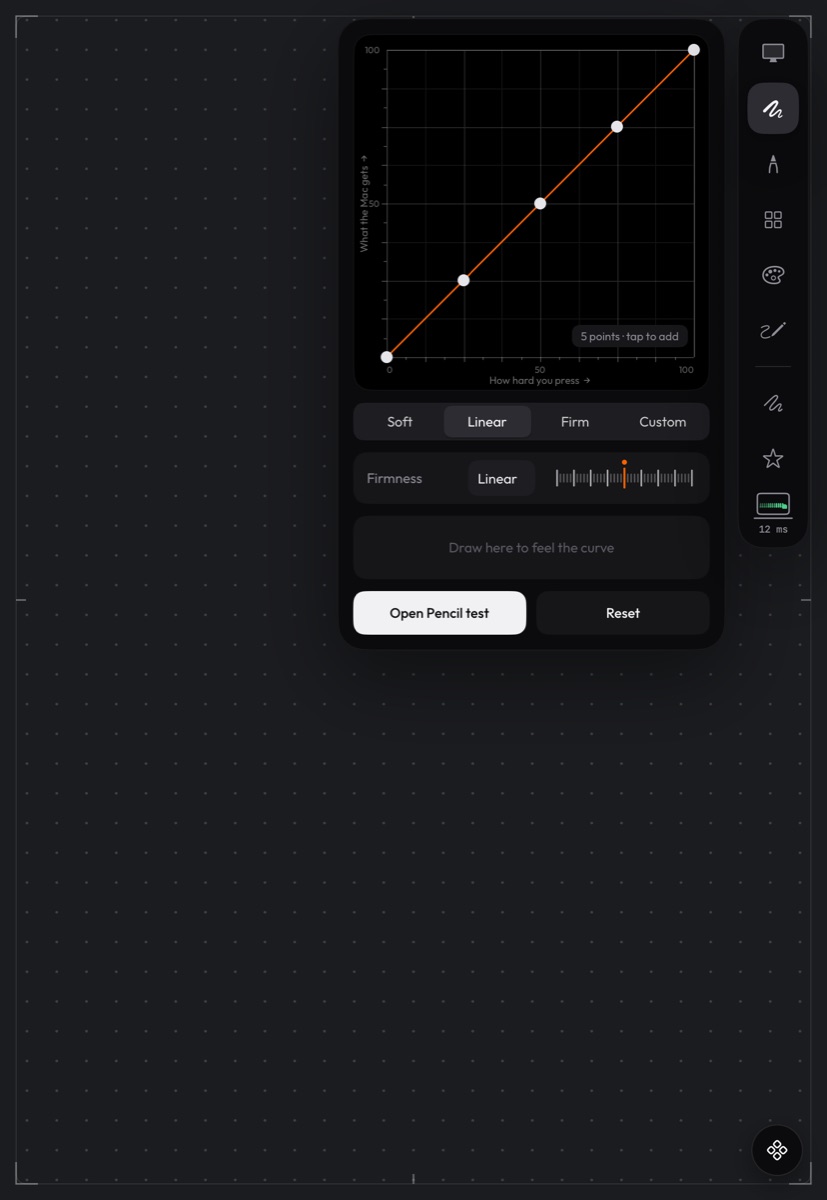 The DeusPen pressure curve panel on iPad