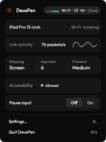 The DeusPen menu bar panel on Mac showing the connected iPad, mapping, app keys, pressure and Accessibility