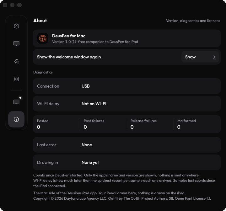 DeusPen for Mac Settings, About, with connection diagnostics
