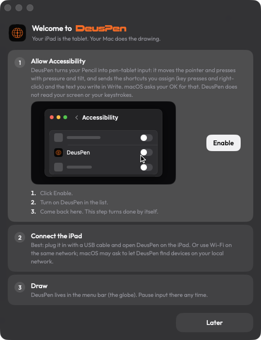 The DeusPen welcome window on Mac, asking to allow Accessibility